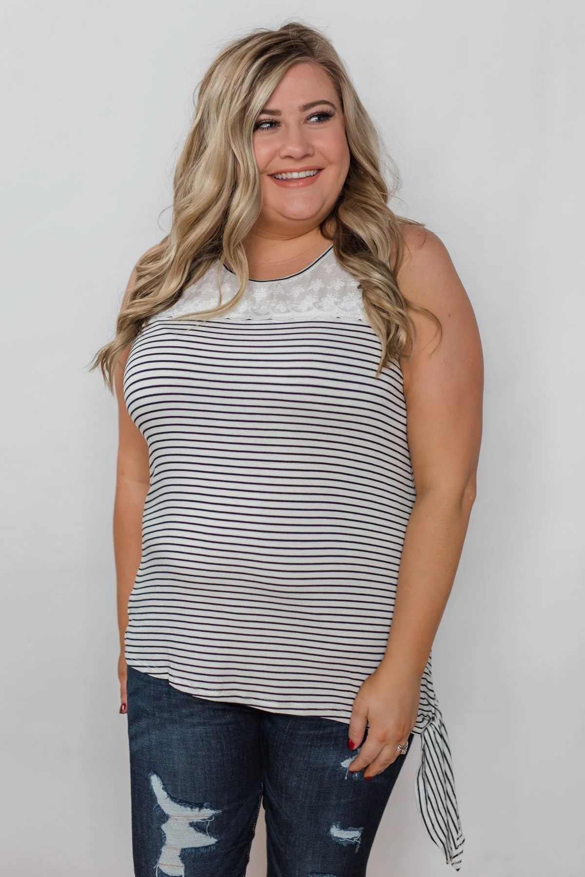 Always More Lace Trimmed Stripe Tank - Ivory & Black - Image 3