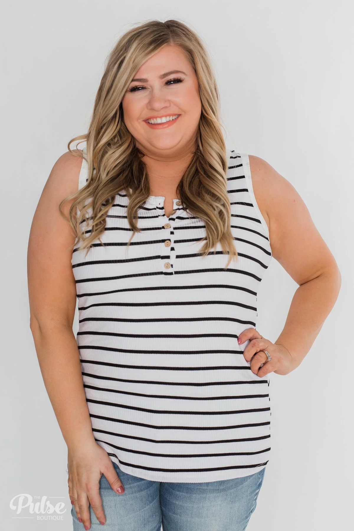 Always Need You 5-Button Henley Tank - Black & White Striped - Image 2