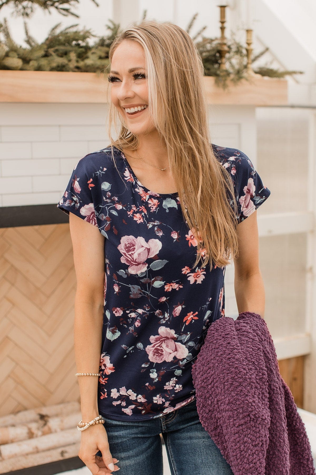 Always On My Mind Floral Top- Navy - Image 3