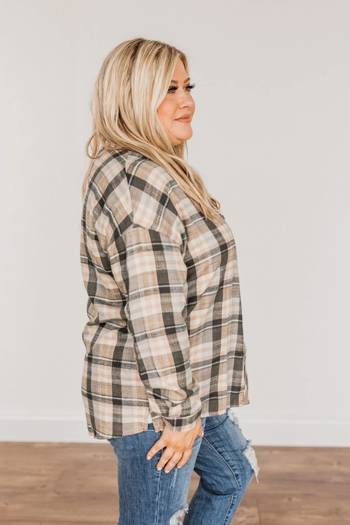 Always On My Side Plaid Button Top- Beige - Image 8