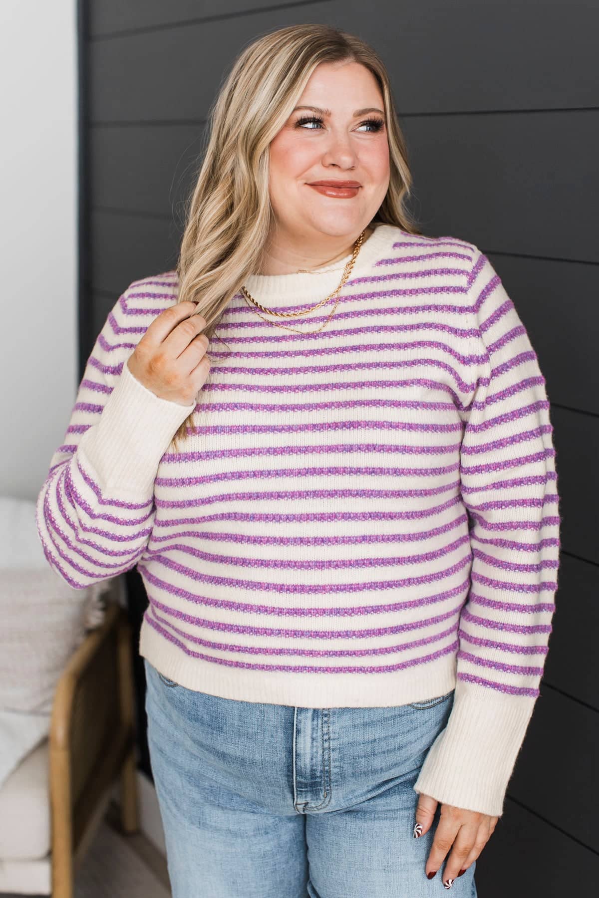 Always Pleasant Striped Knit Sweater- Ivory & Purple - Image 4