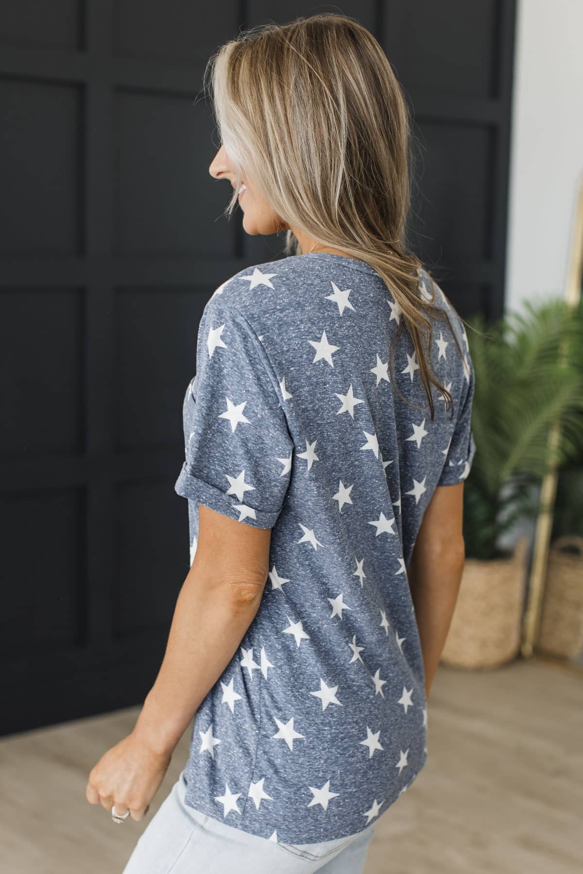 Always Shining Star Print V-Neck Top- Navy - Image 3