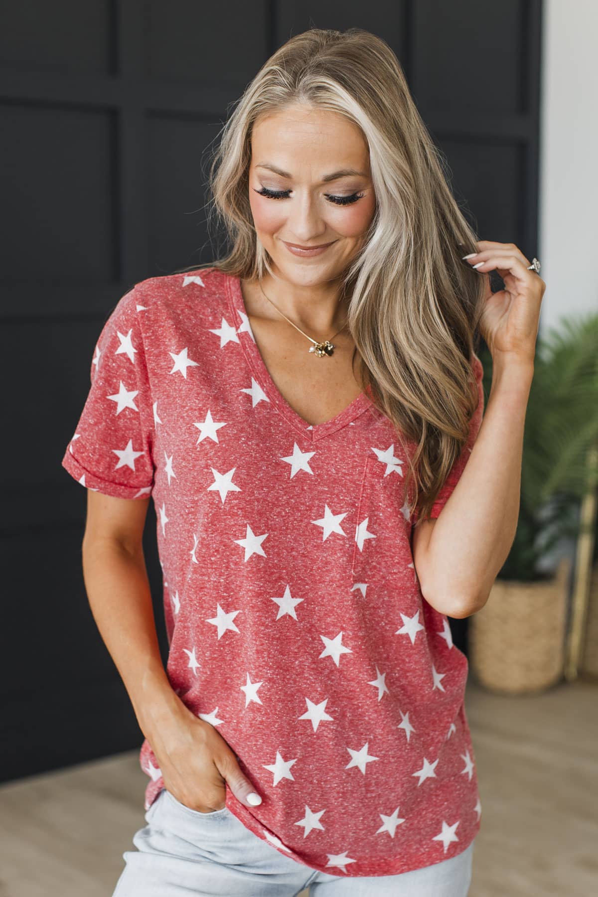 Always Shining Star Print V-Neck Top- Red