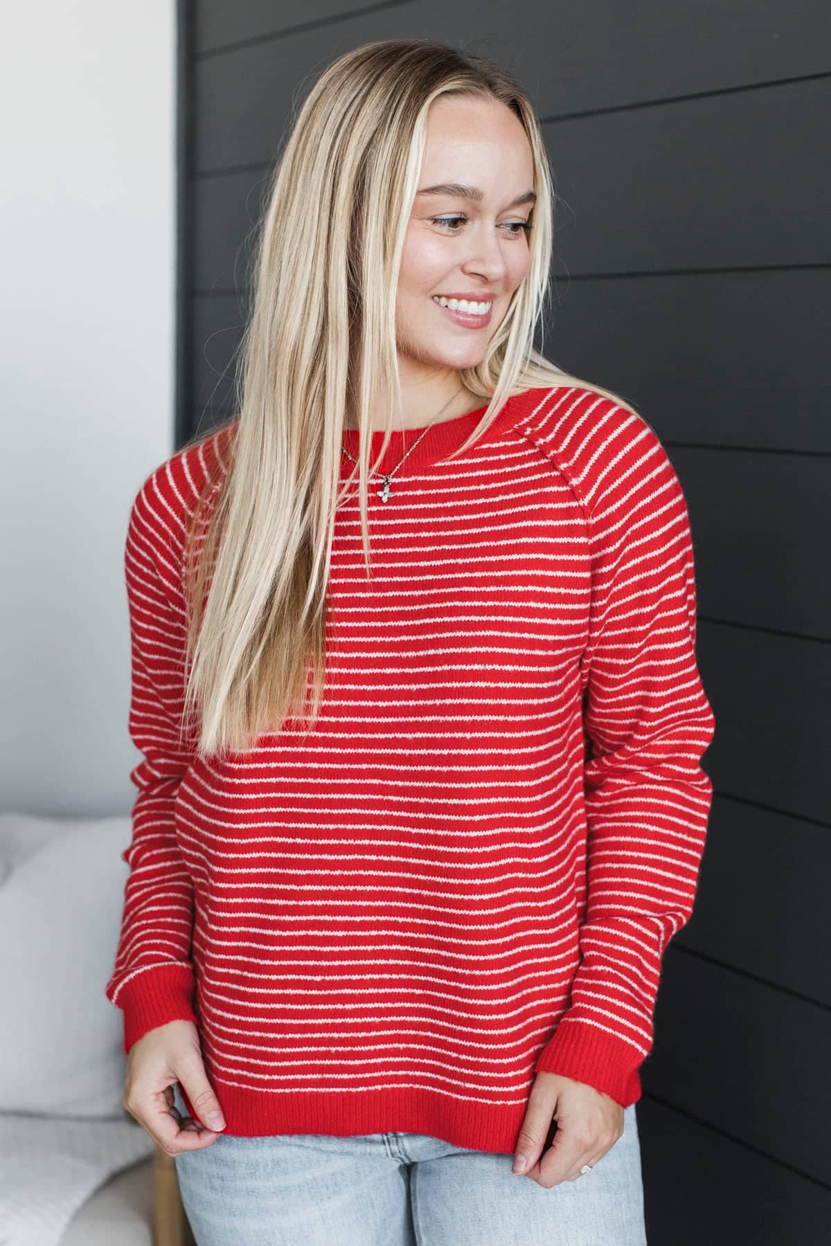 Always Smiling Striped Knit Sweater- Red - Image 2
