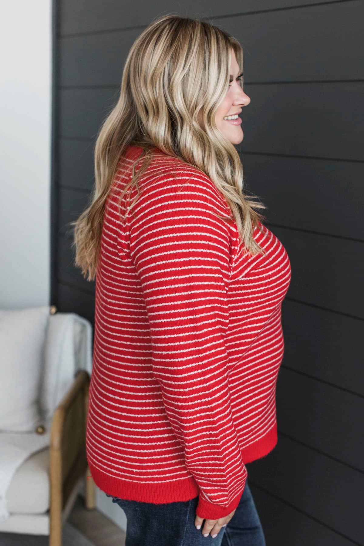 Always Smiling Striped Knit Sweater- Red - Image 5