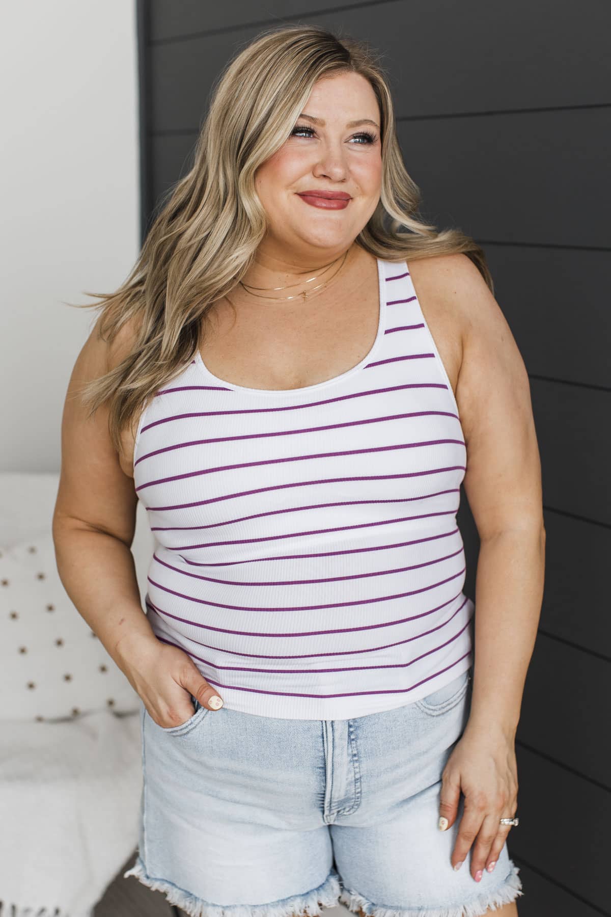 Always The Answer Striped Tank Top- White & Purple
