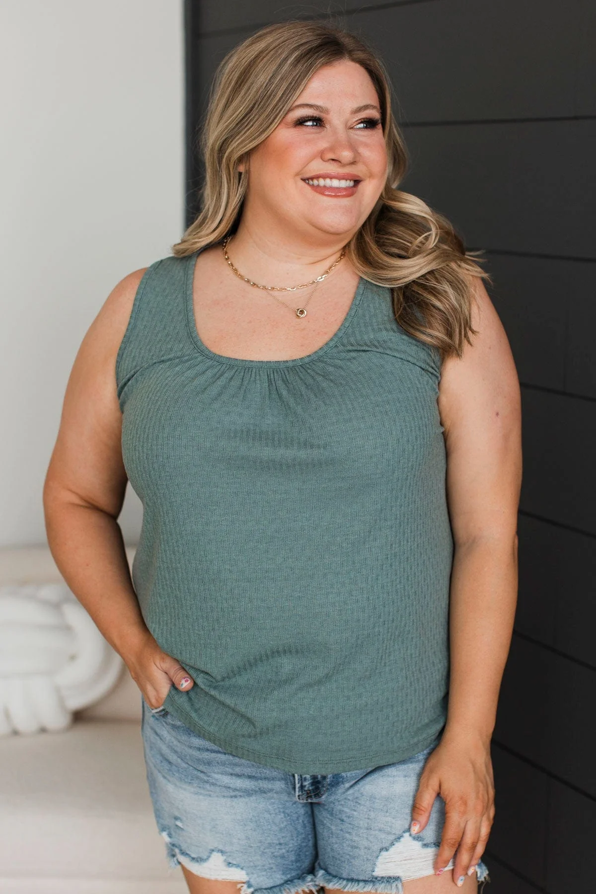Always Thriving Pointelle Tank Top- Dusty Teal - Image 2