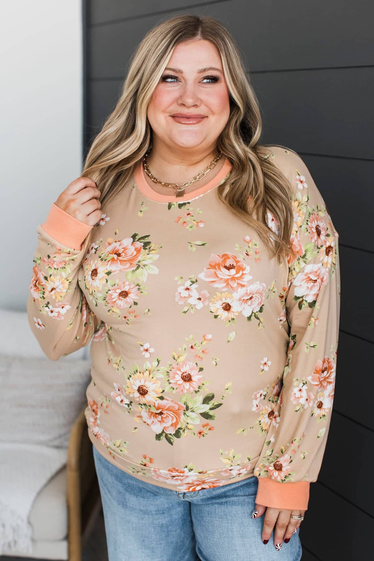 Always Truthful Long Sleeve Floral Top- Taupe & Peach