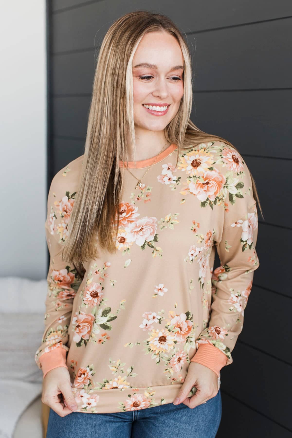 Always Truthful Long Sleeve Floral Top- Taupe & Peach - Image 4