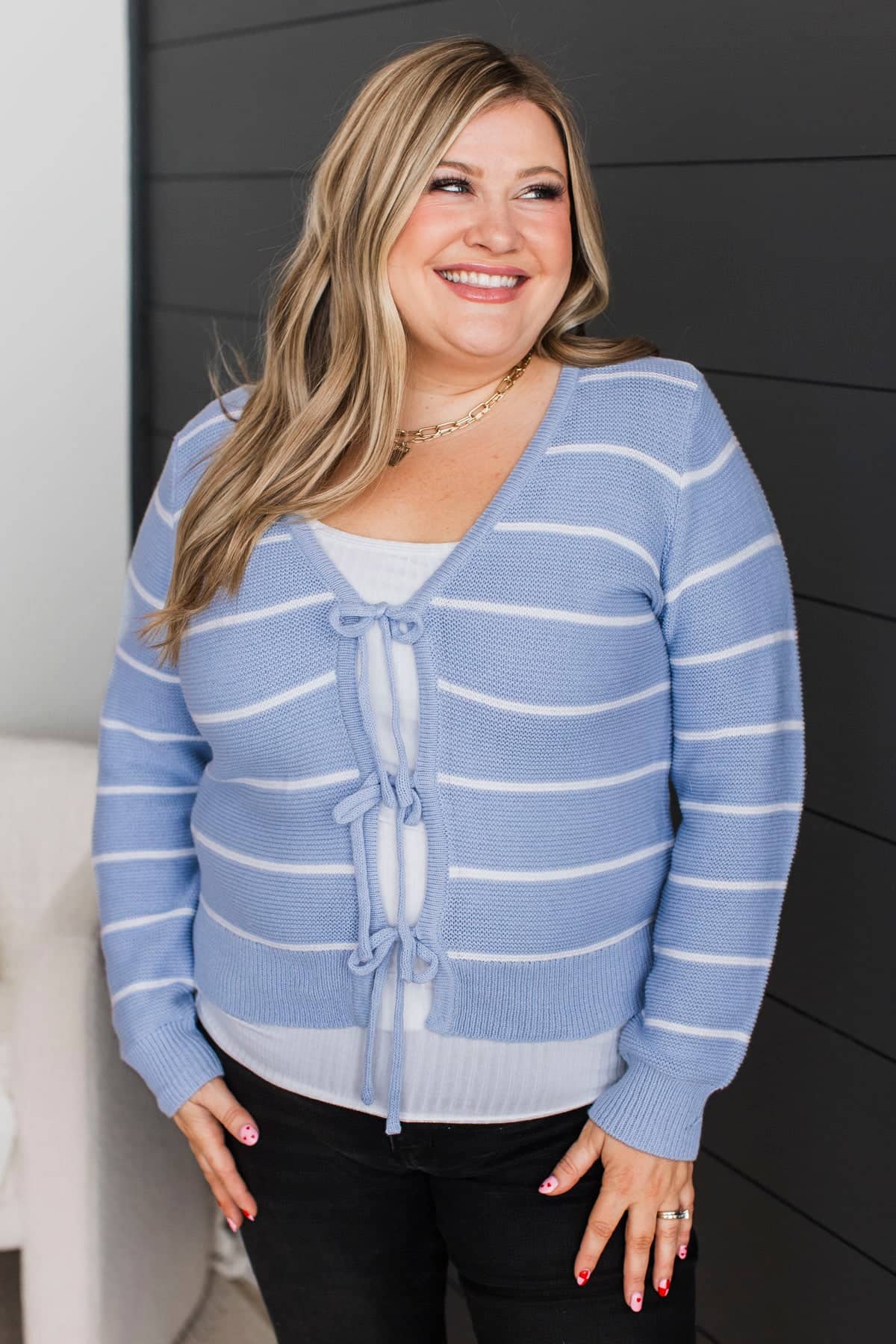 Always Us Striped Bow Tie Cardigan- Light Blue & Ivory - Image 2