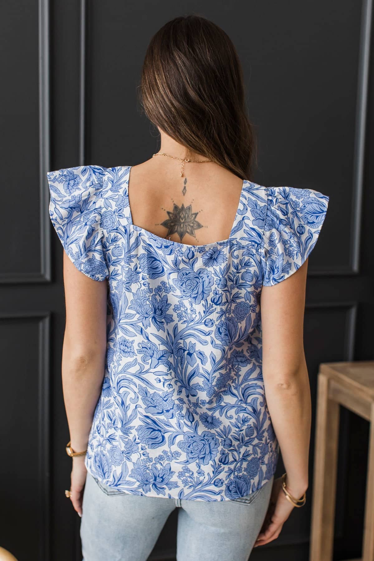 Always With Love Smocked Floral Blouse- White & Blue - Image 8