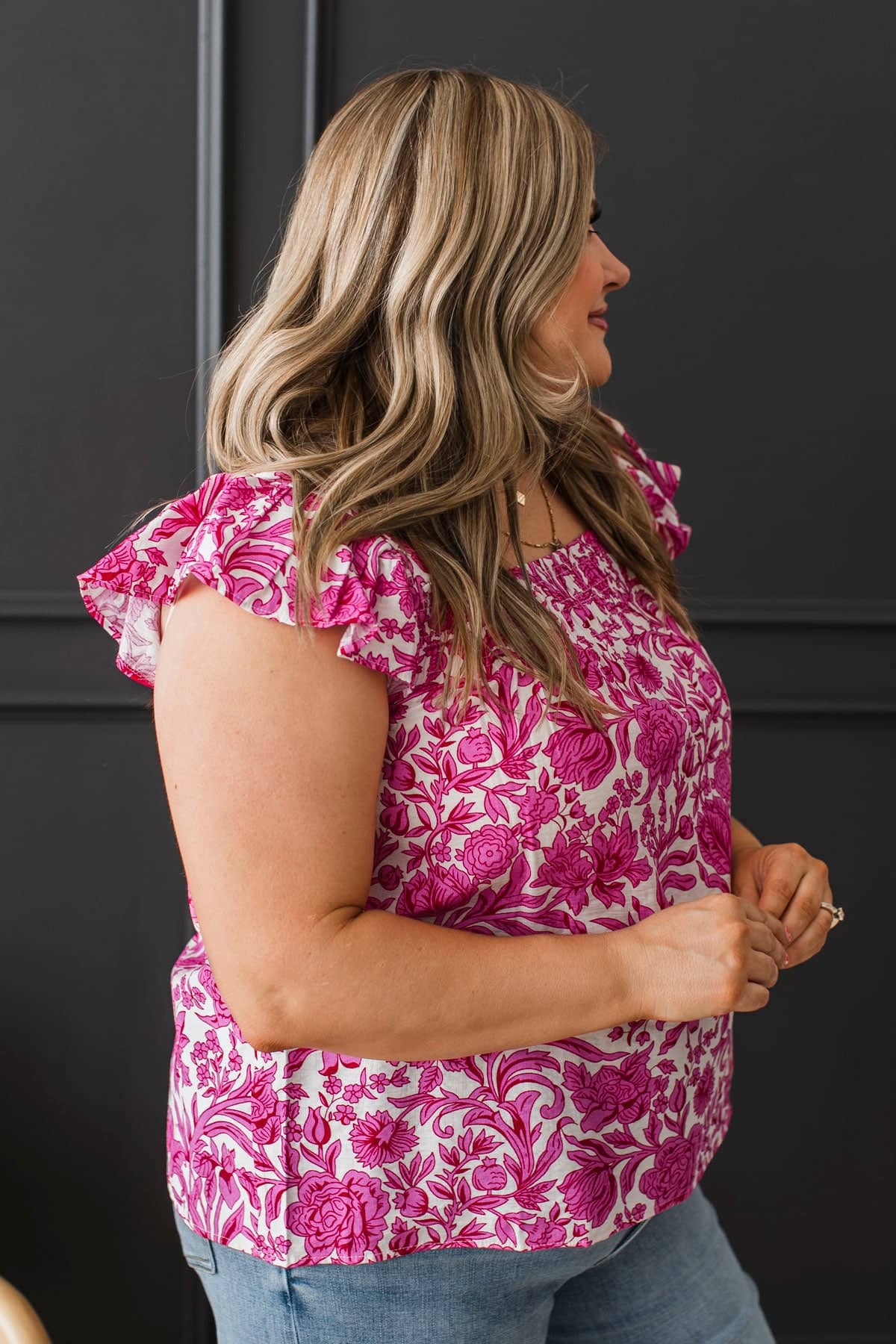 Always With Love Smocked Floral Blouse- White & Fuchsia - Image 4