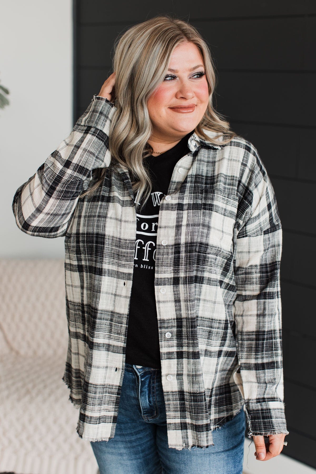 Amazed By Autumn Frayed Plaid Top- Black & Ivory