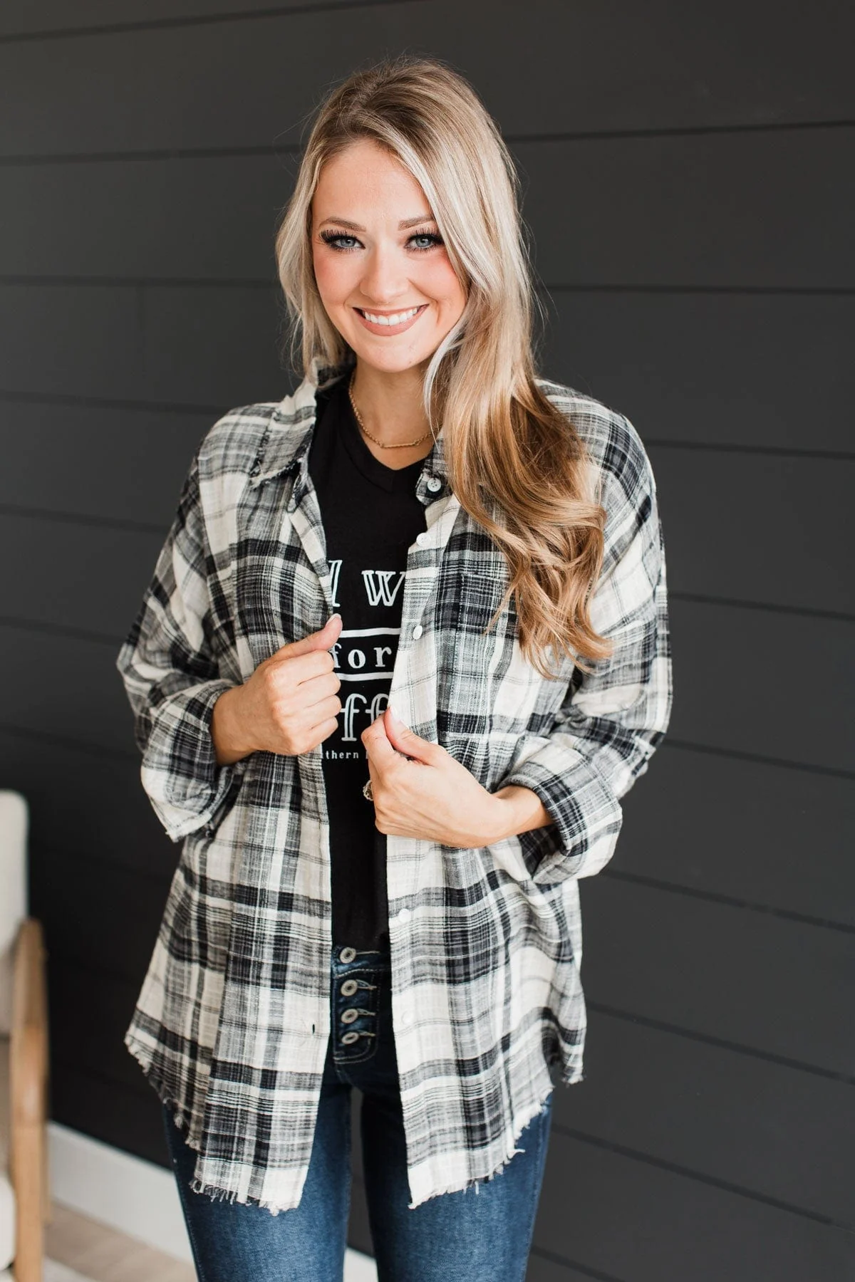 Amazed By Autumn Frayed Plaid Top- Black & Ivory - Image 2