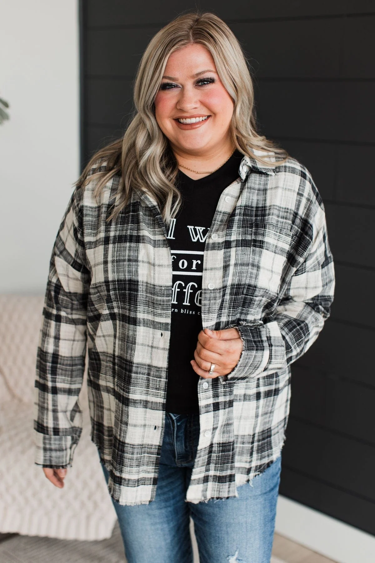 Amazed By Autumn Frayed Plaid Top- Black & Ivory - Image 3
