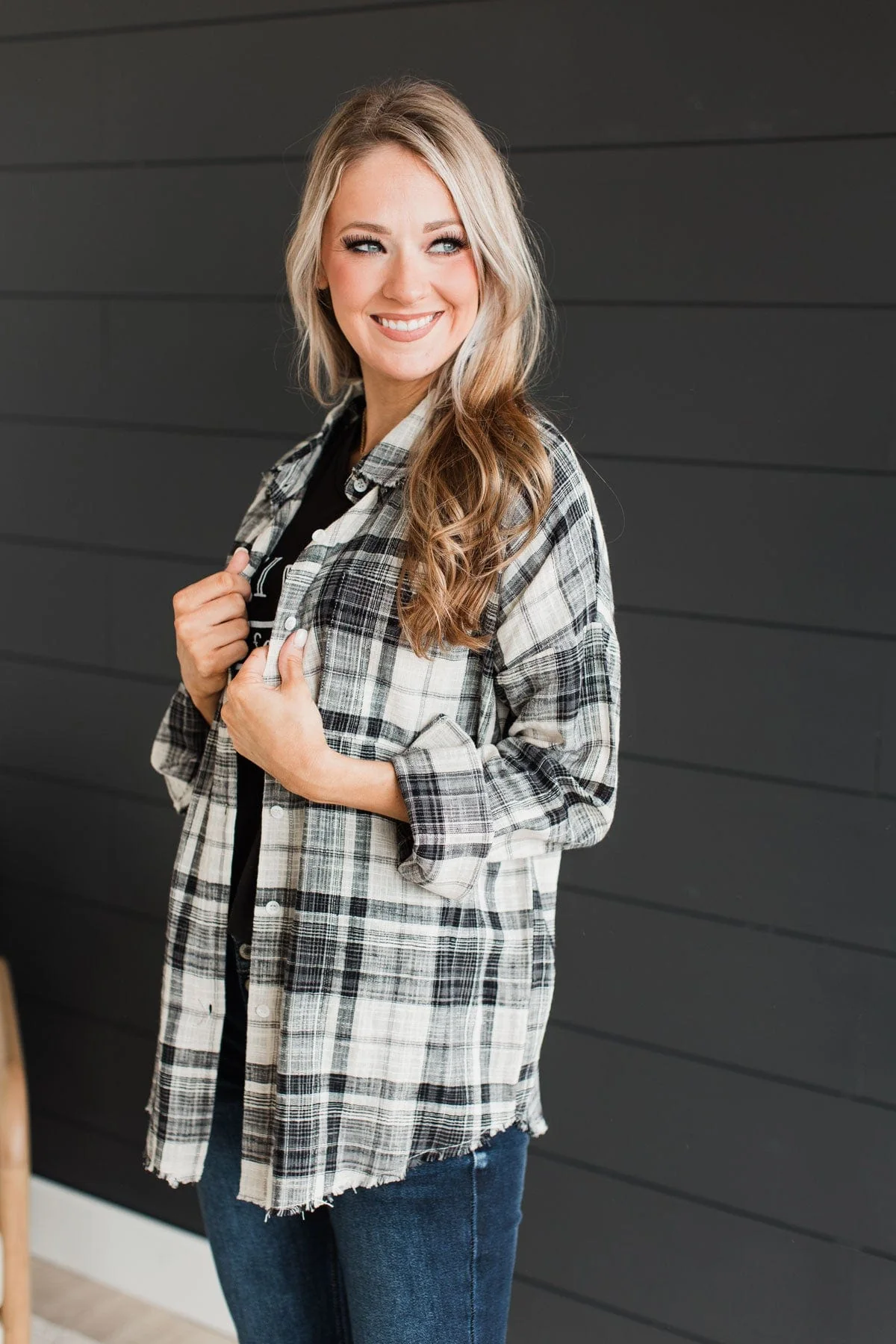 Amazed By Autumn Frayed Plaid Top- Black & Ivory - Image 4