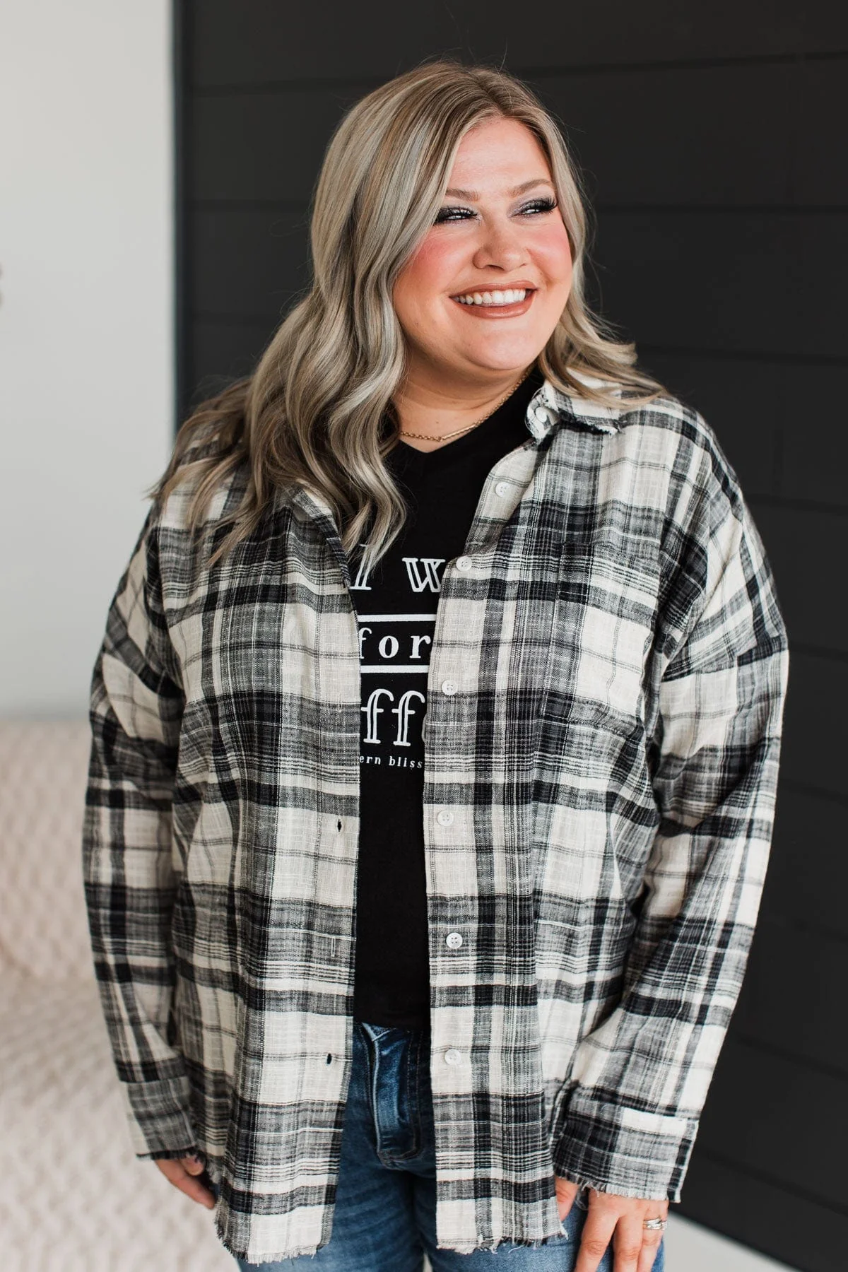 Amazed By Autumn Frayed Plaid Top- Black & Ivory - Image 5