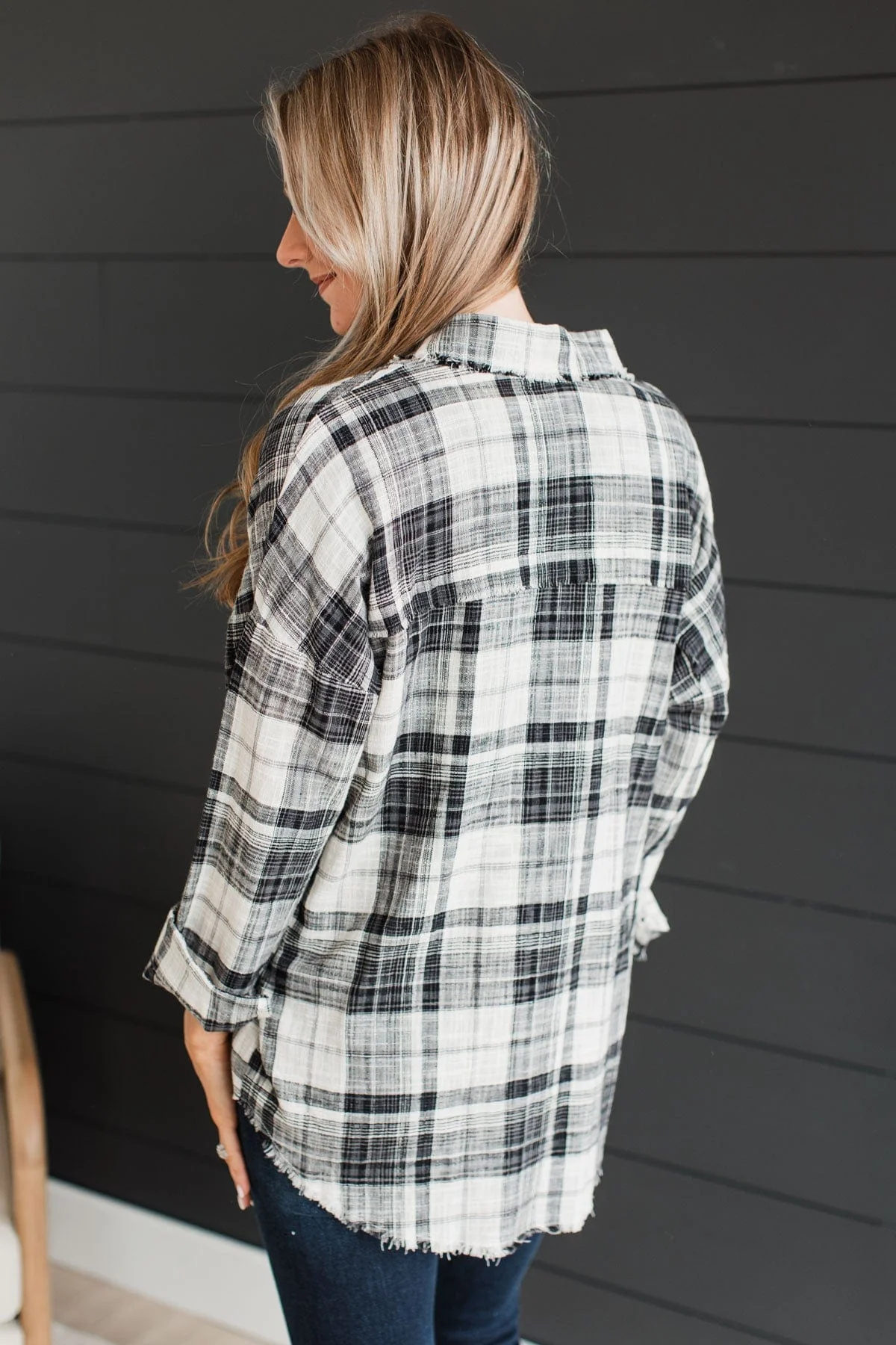 Amazed By Autumn Frayed Plaid Top- Black & Ivory - Image 6