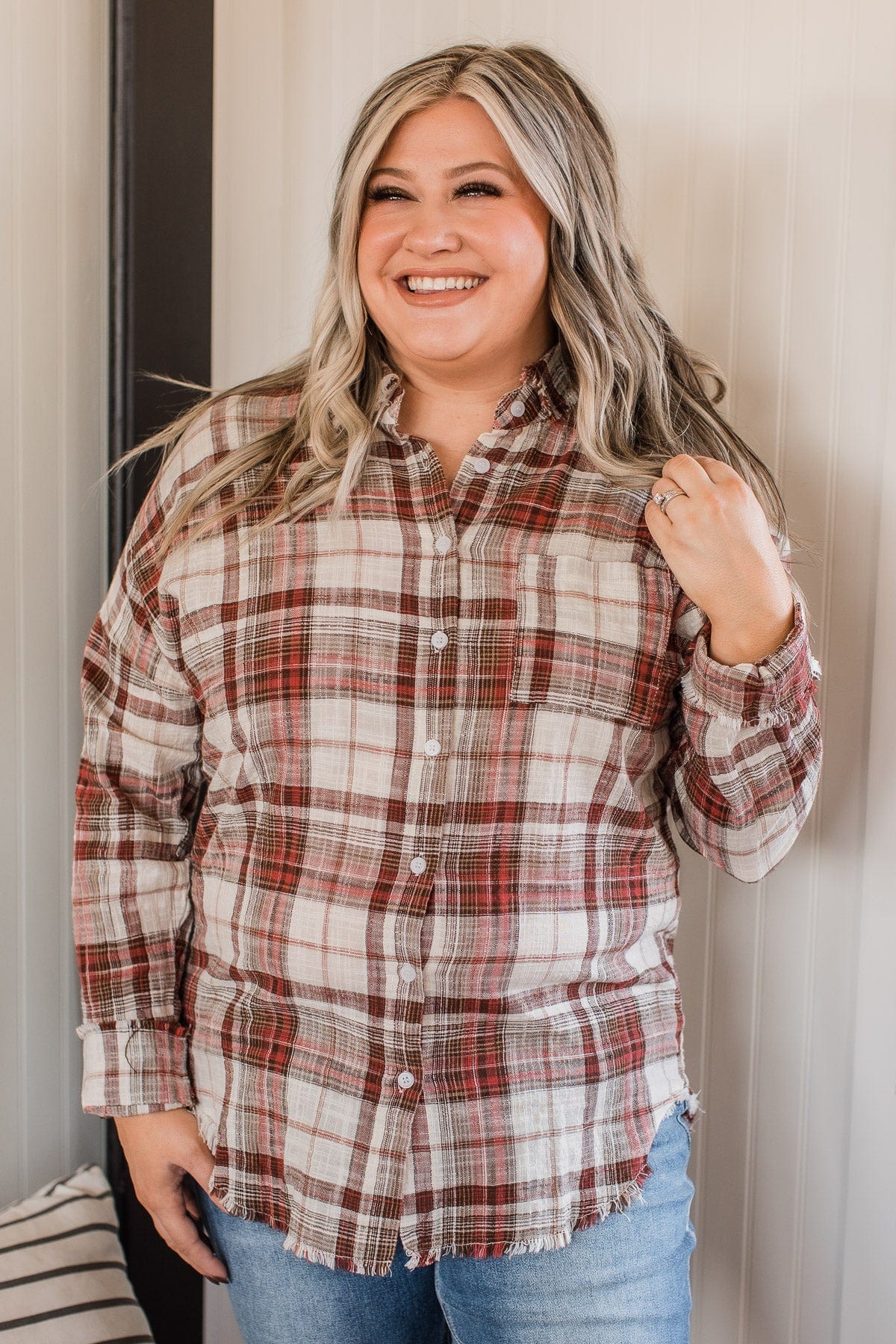 Amazed By Autumn Frayed Plaid Top- Ivory & Red - Image 4