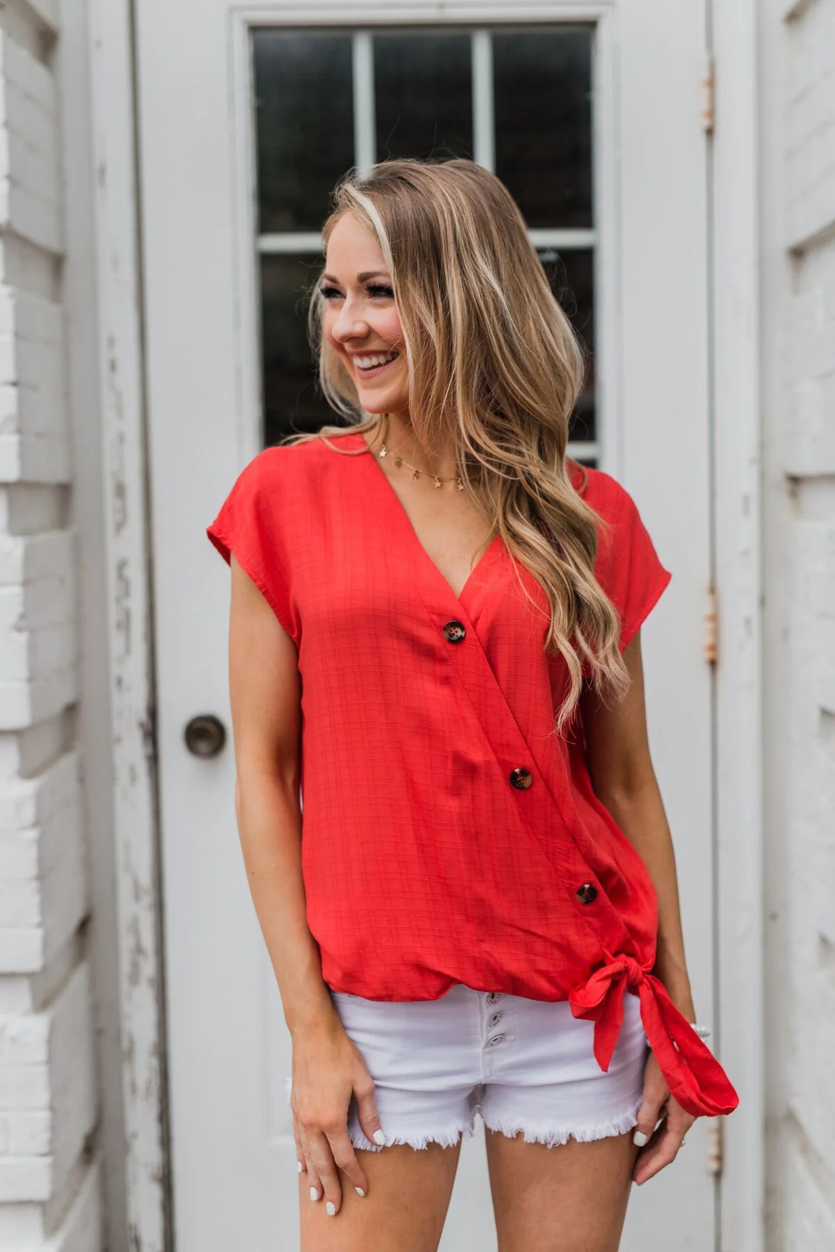 Amazed By You Button & Tie Top- Scarlet Red - Image 3
