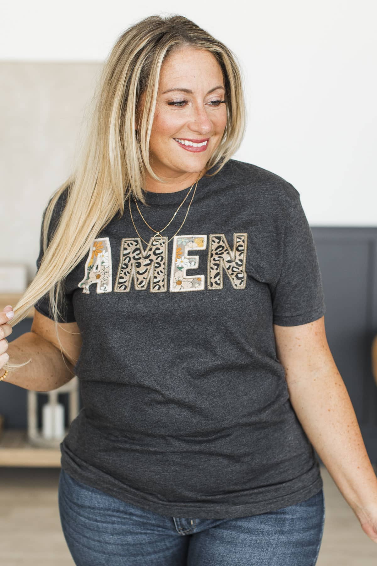 "Amen" Crew Neck Graphic Tee- Charcoal Heather - Image 2