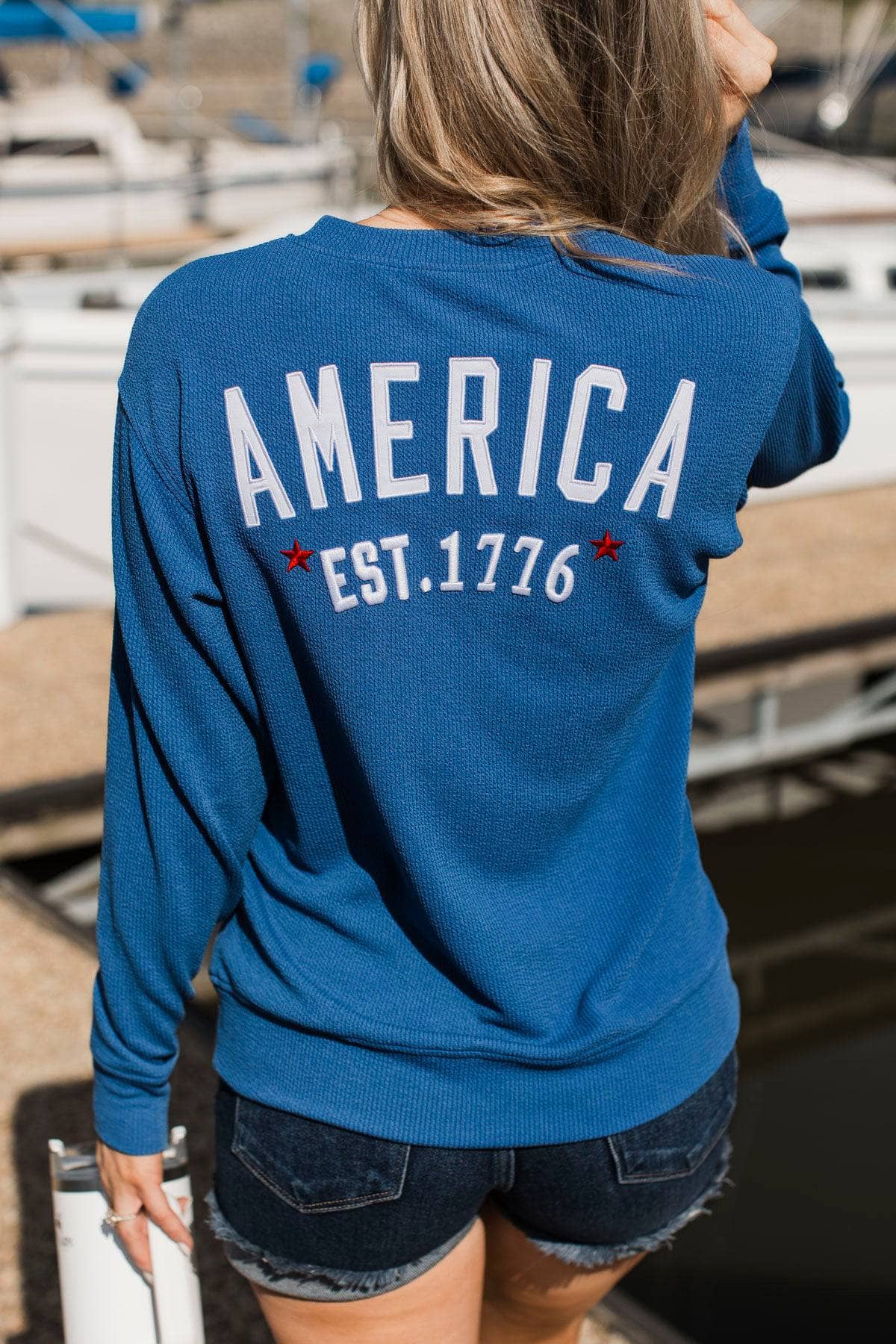 "America Est. 1776" Ribbed Crew Neck Pullover- Blue
