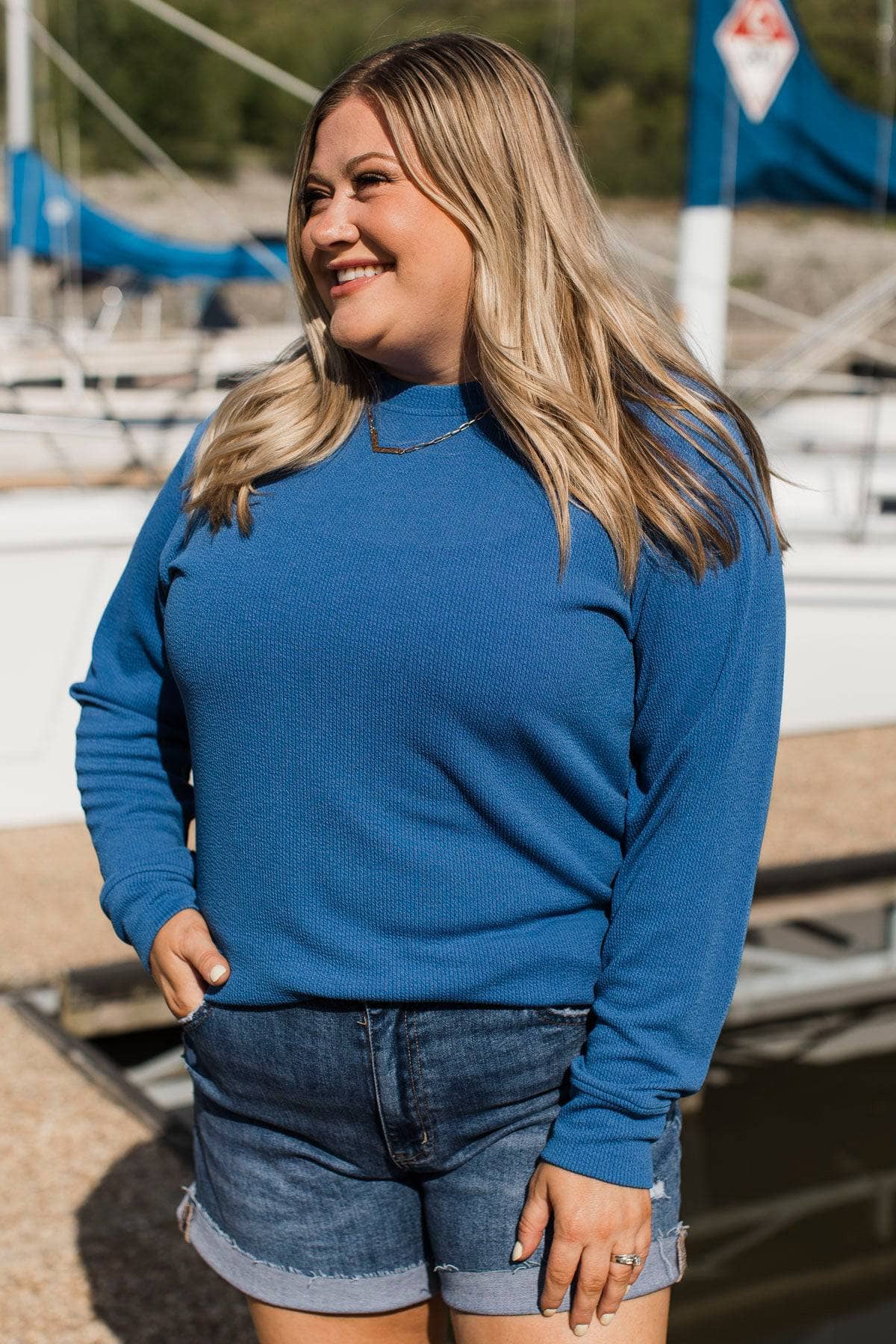 "America Est. 1776" Ribbed Crew Neck Pullover- Blue - Image 3