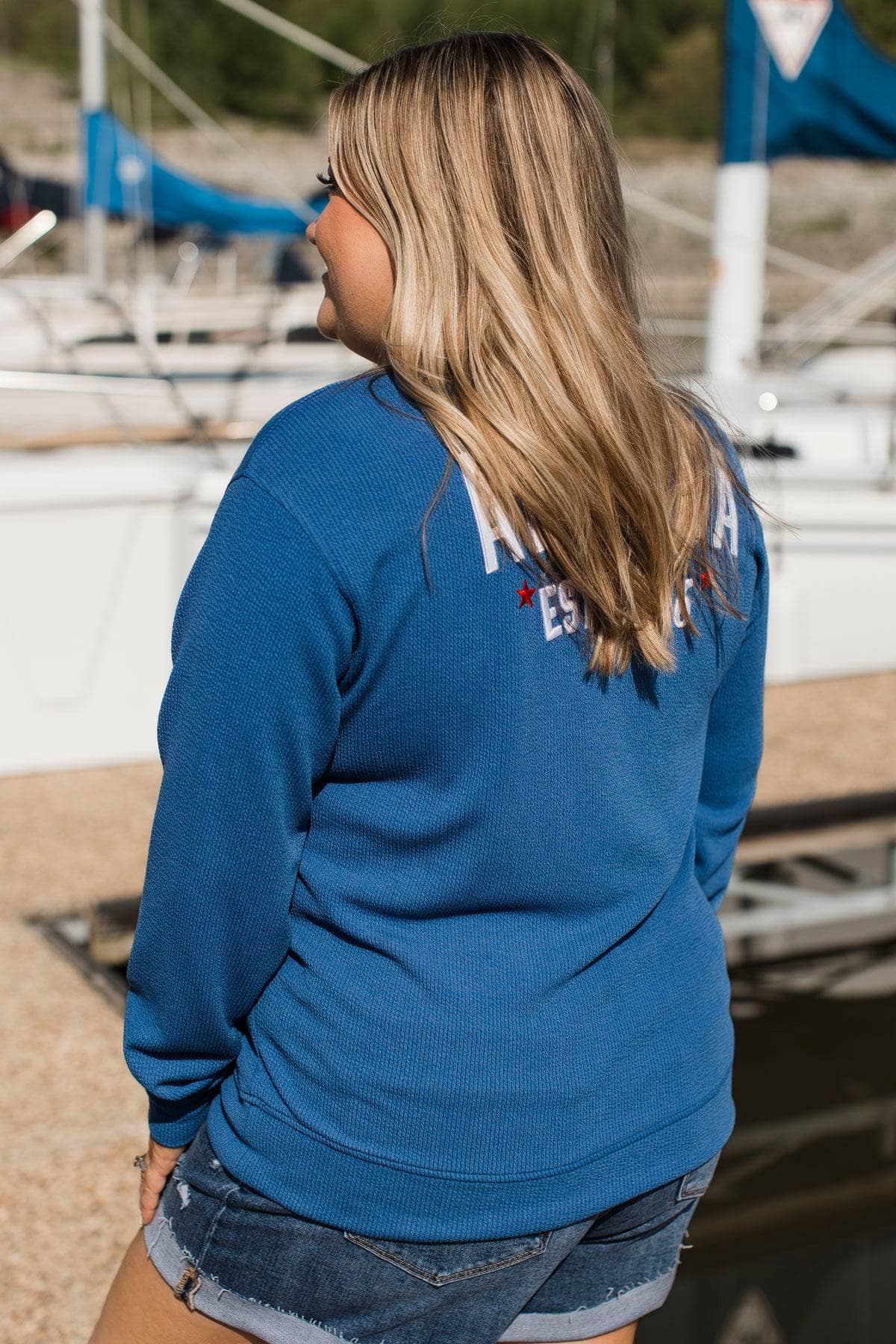 "America Est. 1776" Ribbed Crew Neck Pullover- Blue - Image 6