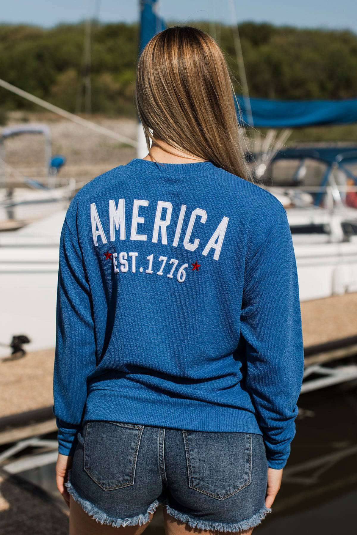 "America Est. 1776" Ribbed Crew Neck Pullover- Blue - Image 7