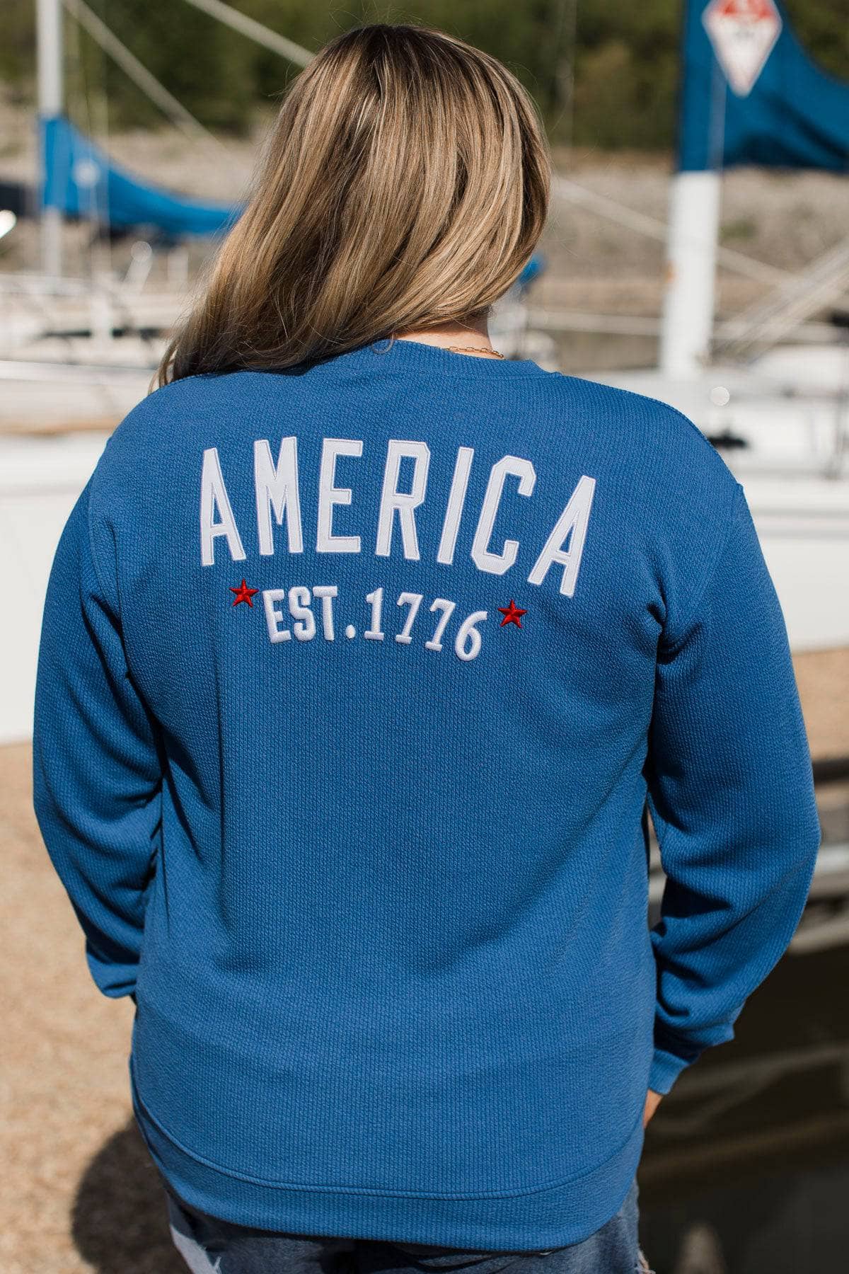 "America Est. 1776" Ribbed Crew Neck Pullover- Blue - Image 8