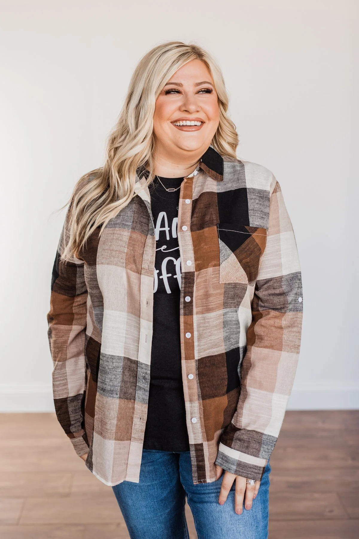 American Beauty Button Plaid Top- Brown & Taupe - Image 3