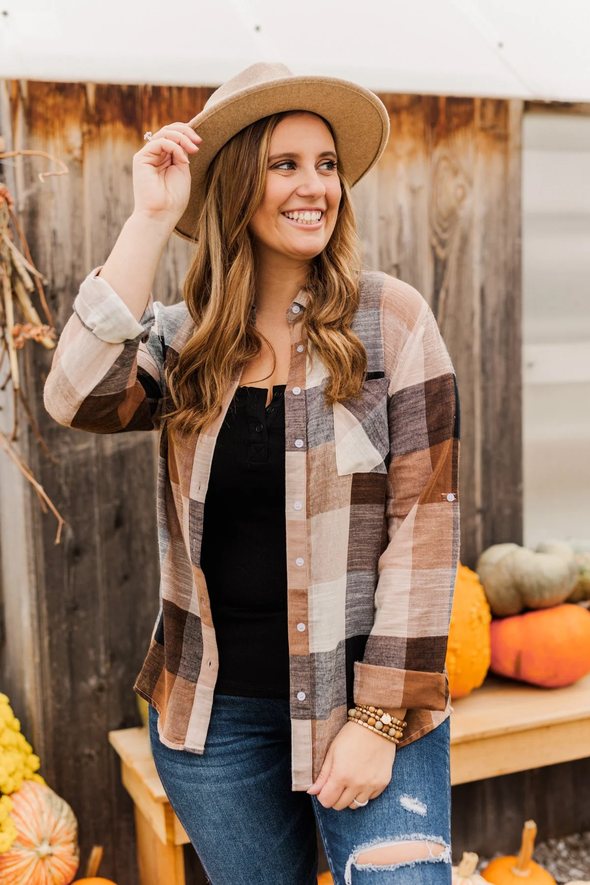 American Beauty Button Plaid Top- Brown & Taupe - Image 5