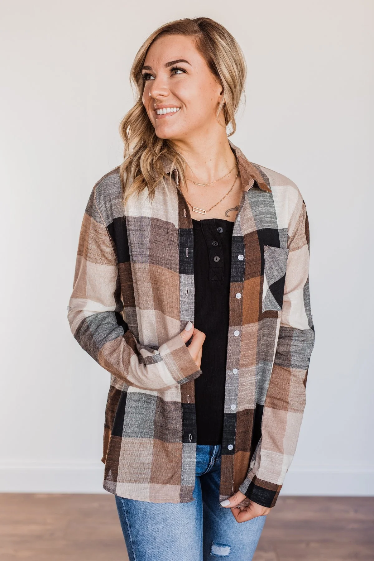 American Beauty Button Plaid Top- Brown & Taupe - Image 7