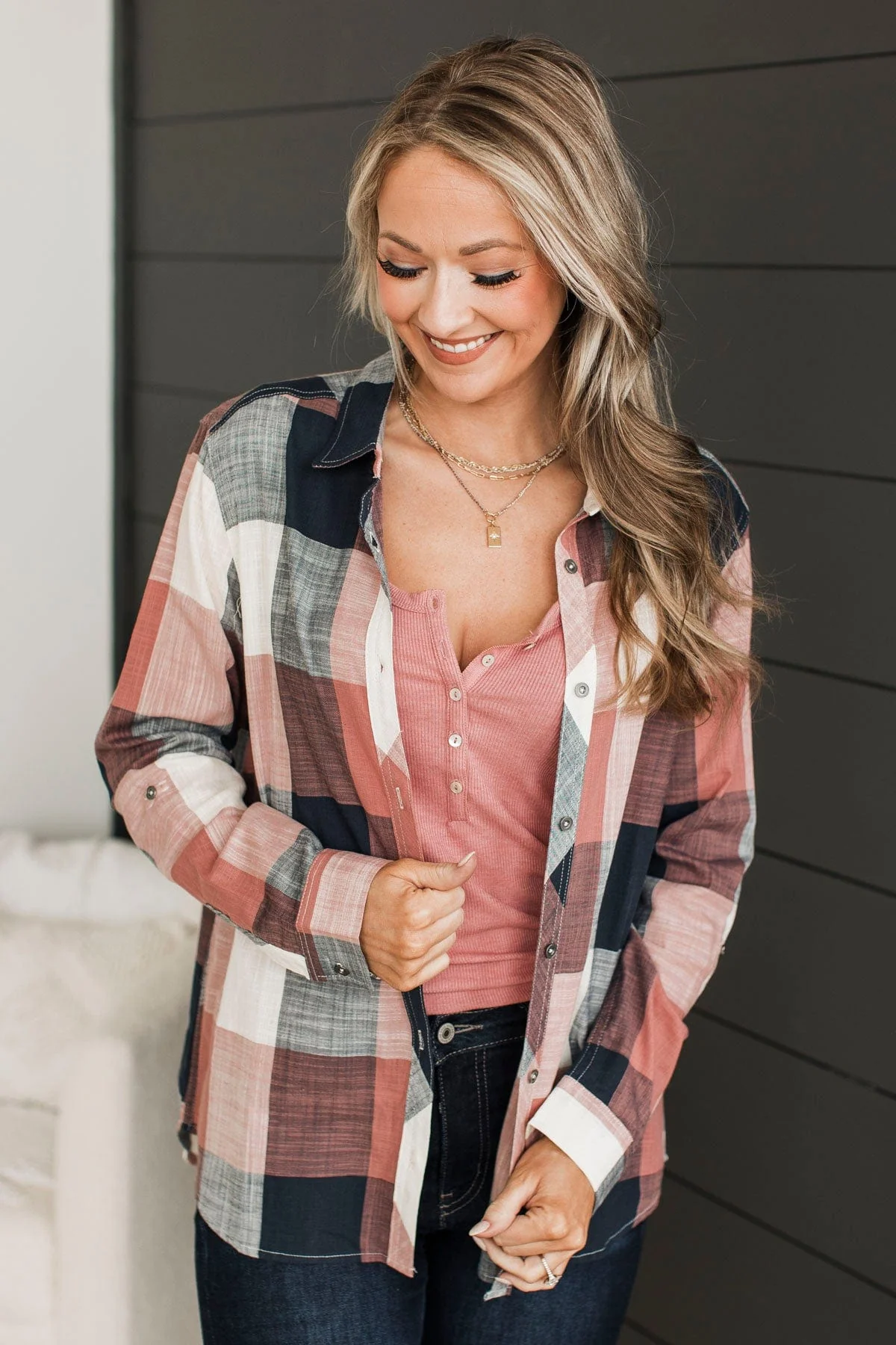 American Beauty Button Plaid Top- Mauve Pink & Navy - Image 5