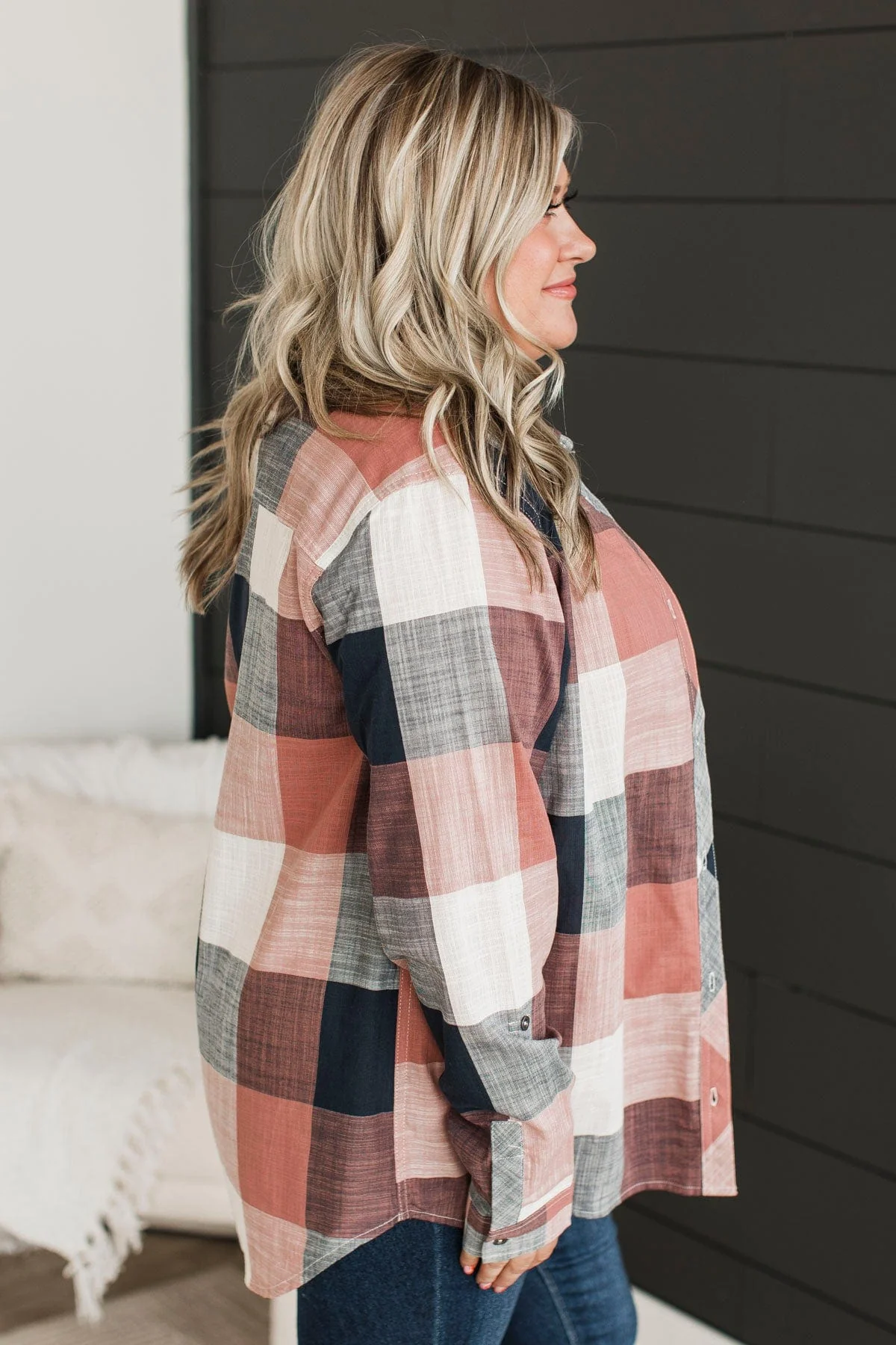 American Beauty Button Plaid Top- Mauve Pink & Navy - Image 6