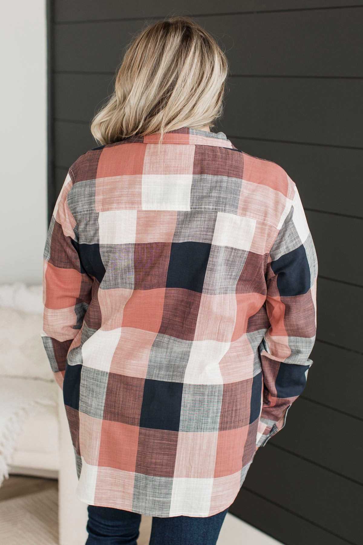 American Beauty Button Plaid Top- Mauve Pink & Navy - Image 8