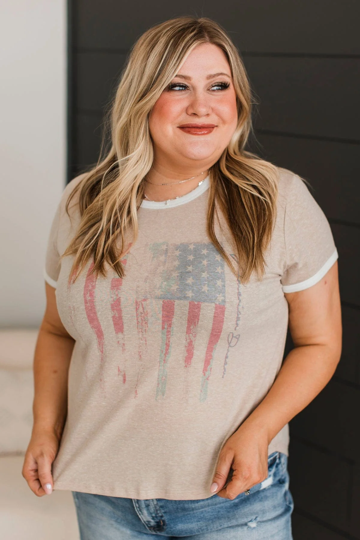"American Dream" Graphic Top- Taupe - Image 2
