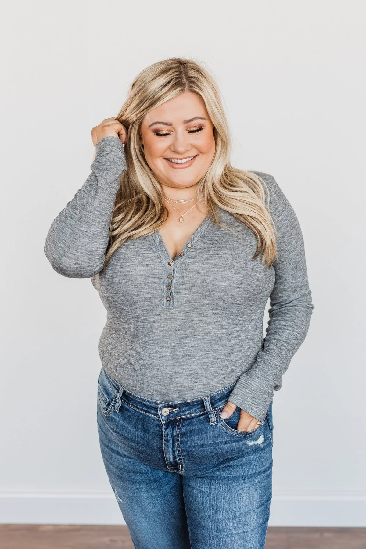 American Woman Henley Bodysuit- Heather Grey - Image 8