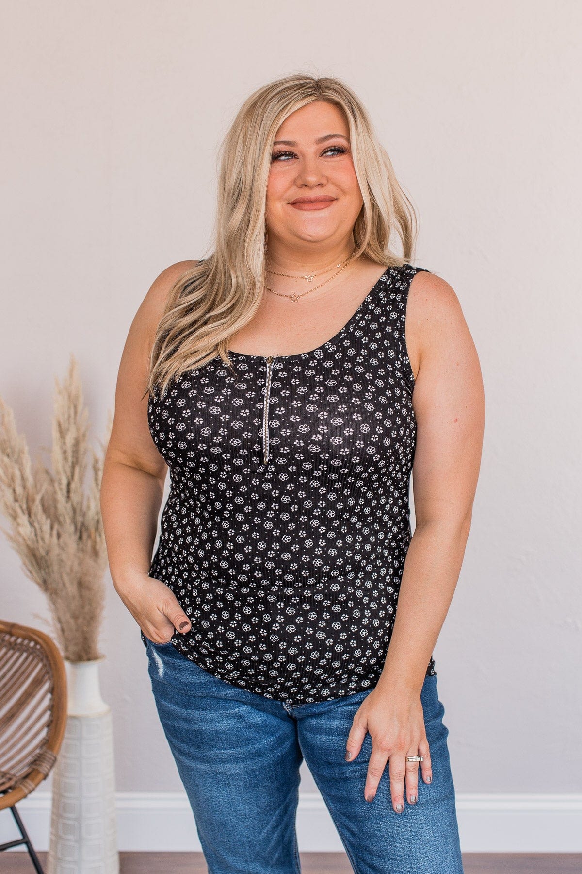 Among The Wildflowers Henley Tank Top- Black - Image 4