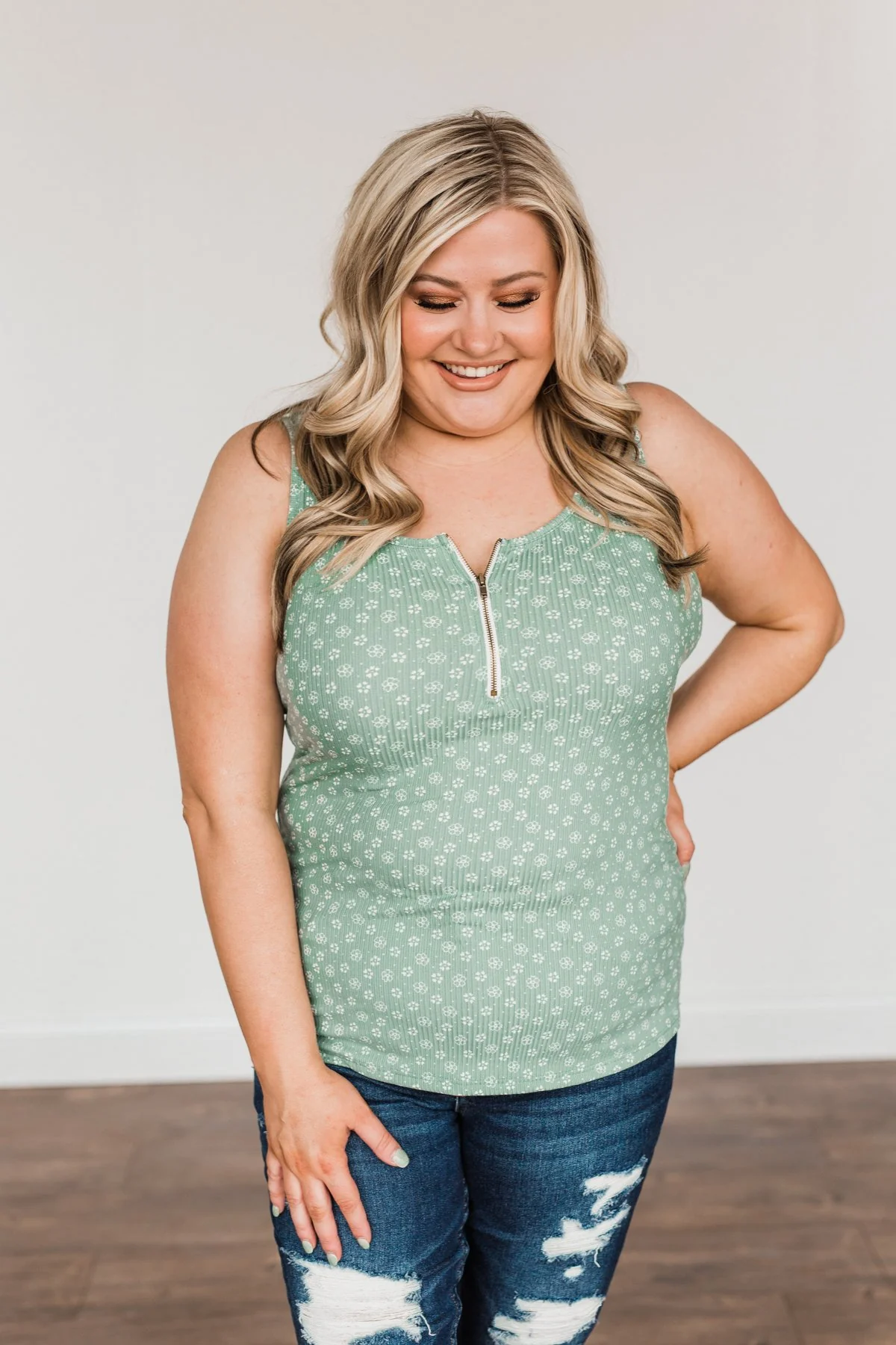 Among The Wildflowers Henley Tank Top- Sage - Image 2