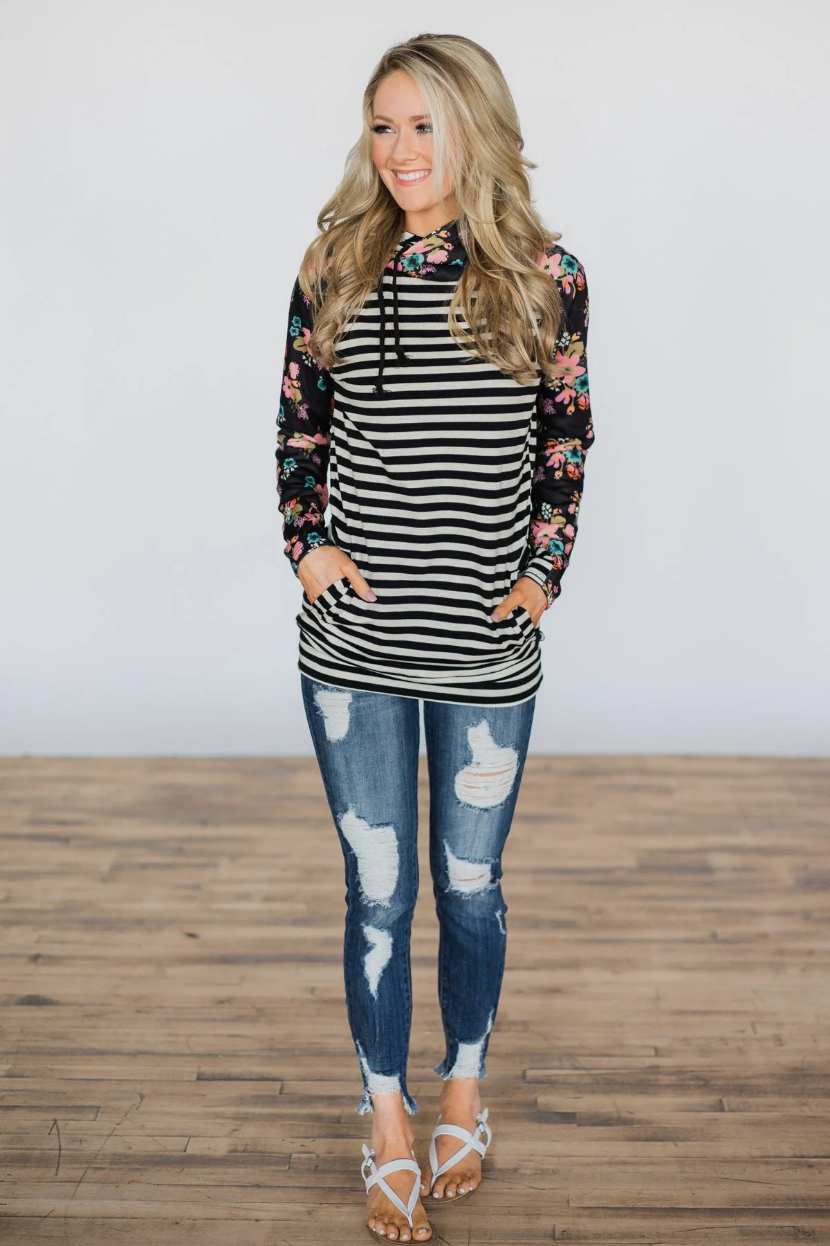 Ampersand Ave. Double Hooded Sweatshirt ~ Black Floral & Stripes - Image 2