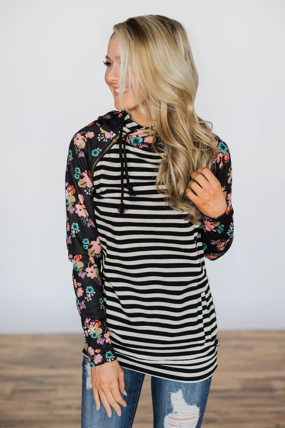 Ampersand Ave. Double Hooded Sweatshirt ~ Black Floral & Stripes - Image 3