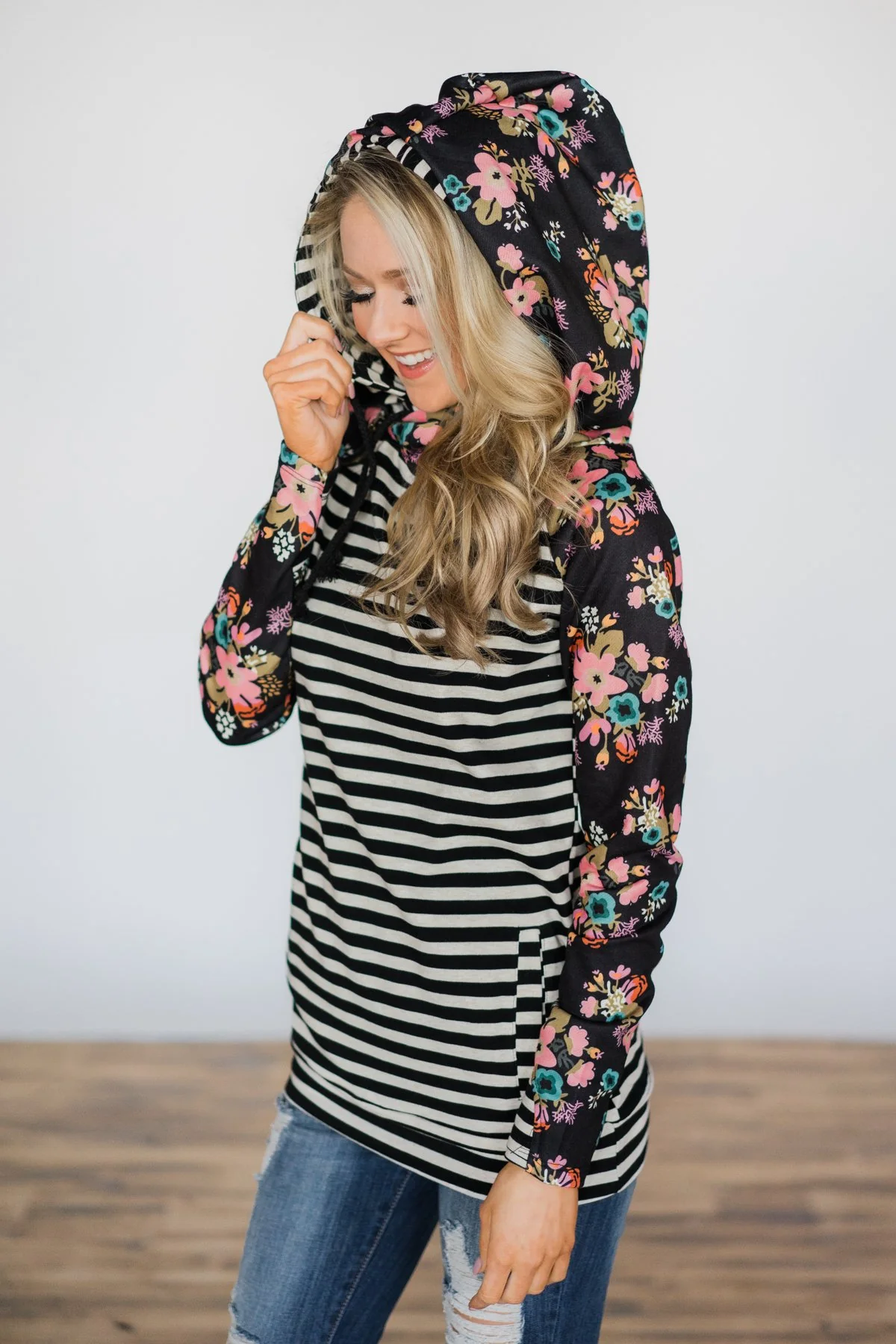 Ampersand Ave. Double Hooded Sweatshirt ~ Black Floral & Stripes - Image 5