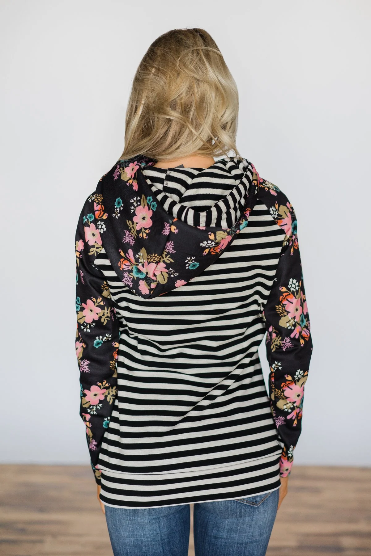 Ampersand Ave. Double Hooded Sweatshirt ~ Black Floral & Stripes - Image 6