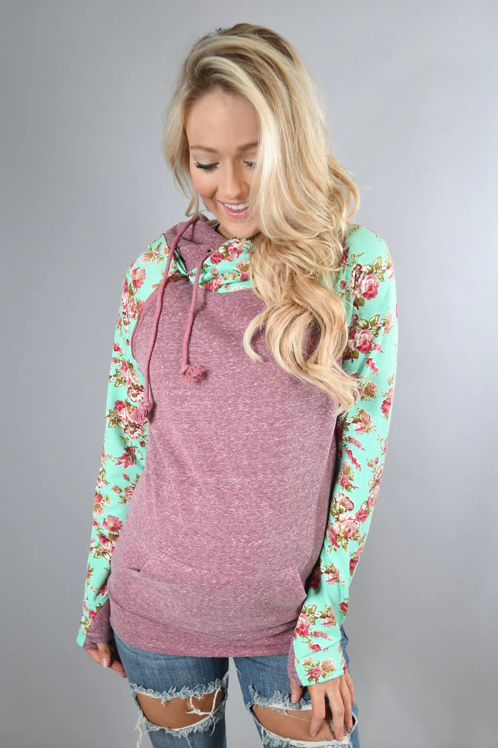 Ampersand Ave. Double Hooded Sweatshirt ~ Floral Maroon - Image 4