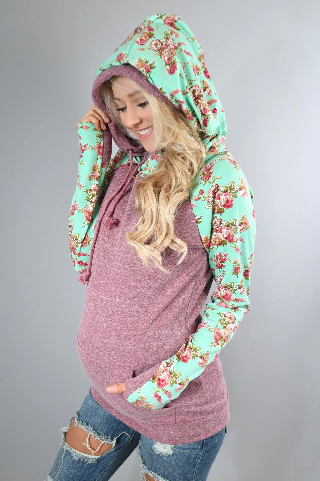 Ampersand Ave. Double Hooded Sweatshirt ~ Floral Maroon - Image 6