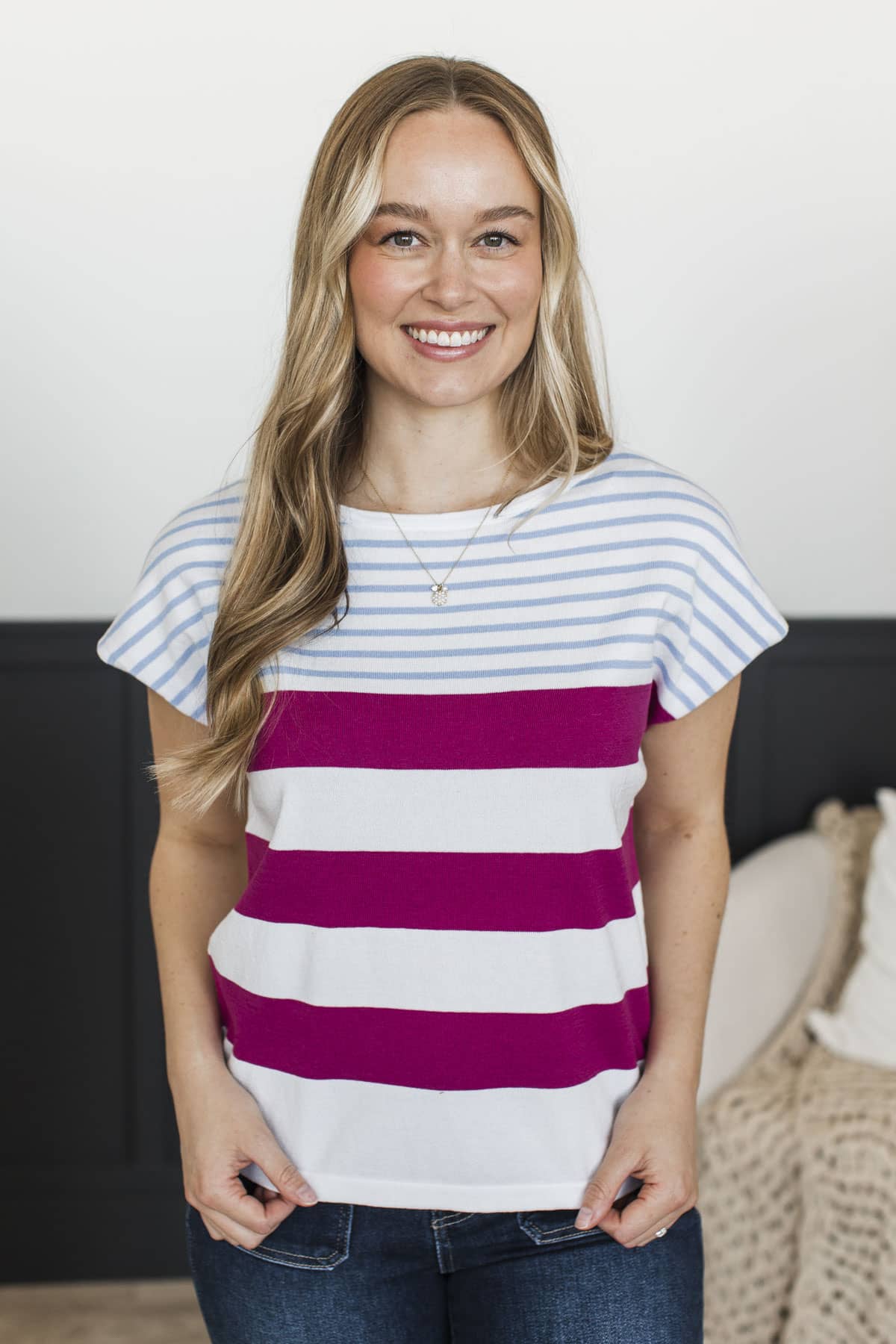 Amuse Me Striped Knit Top- Ivory, Chambray, & Magenta - Image 2