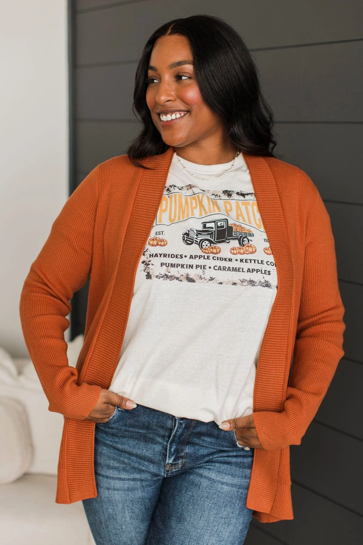 An Afternoon Out Waffle Knit Cardigan- Dark Pumpkin - Image 2