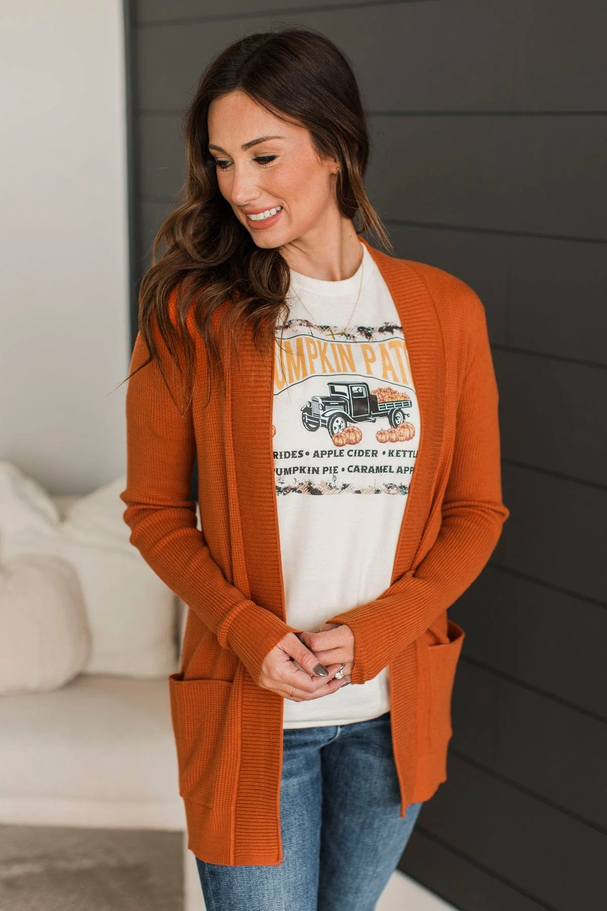 An Afternoon Out Waffle Knit Cardigan- Dark Pumpkin - Image 3