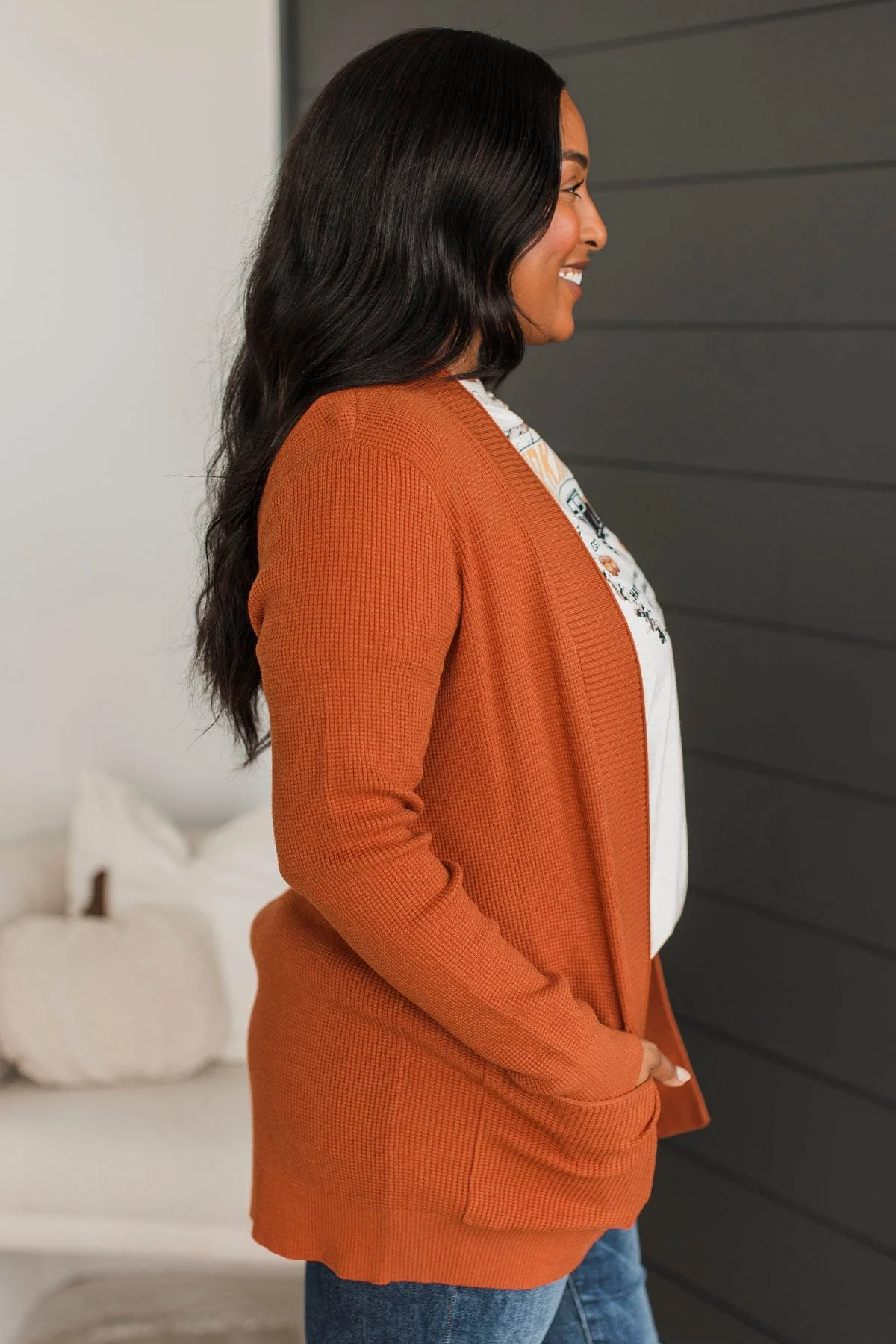 An Afternoon Out Waffle Knit Cardigan- Dark Pumpkin - Image 6